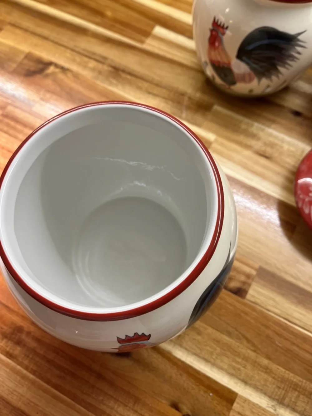 Home Interiors Cream Rooster Ceramic Canister Set with Red Lids